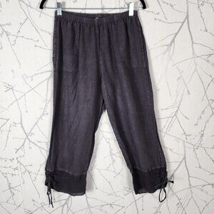 Fenini Purple 100% Linen Elastic Waist Mesh Hem Tie Crop Pants
